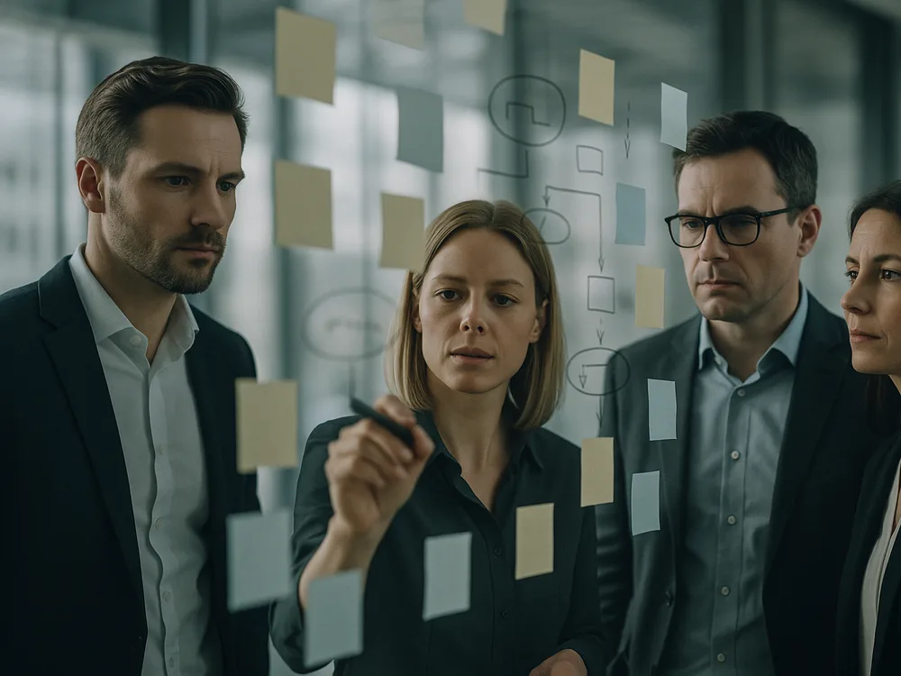 Unternehmensberater in einer Strategie-Session an einer Glaswand voller Notizzettel und Diagramme