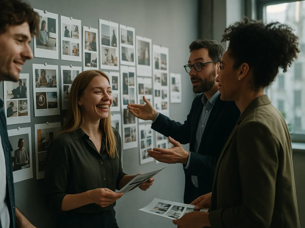Kreatives Marketing-Team prüft ein Kampagnen-Moodboard und Ausdrucke an einer Studiowand