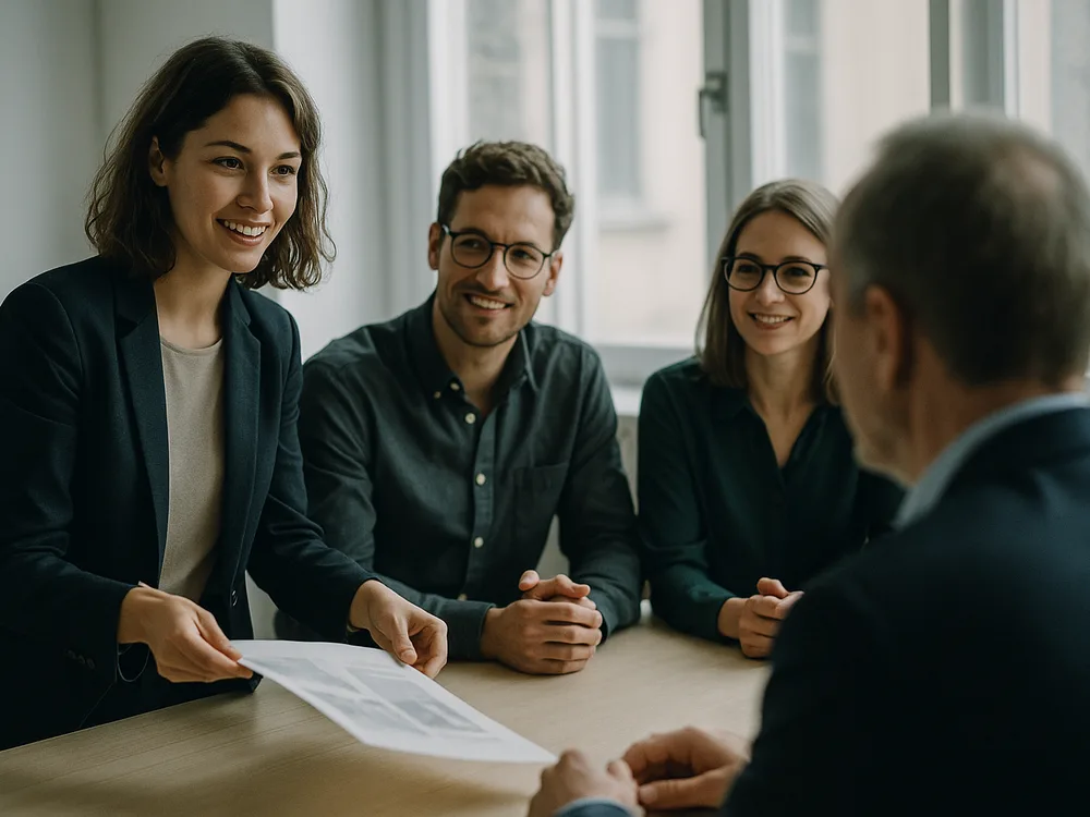 Marketing-Team präsentiert einem Kunden eine Kampagne in einem hellen Agentur-Besprechungsraum
