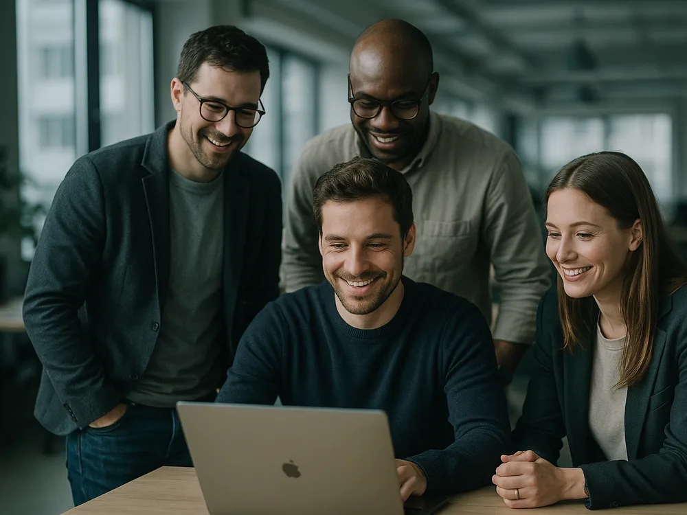 Entwicklerteam in einer entspannten Produkt-Demo rund um einen Laptop