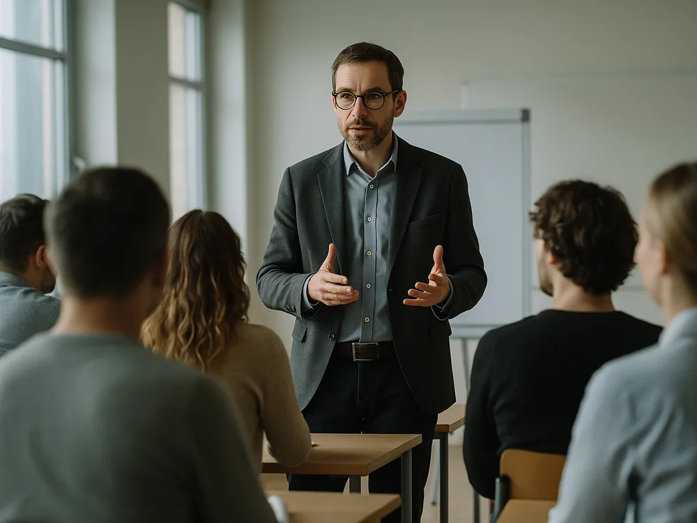 Dozent präsentiert engagierten Teilnehmern in einem modernen Seminarraum für Erwachsenenbildung