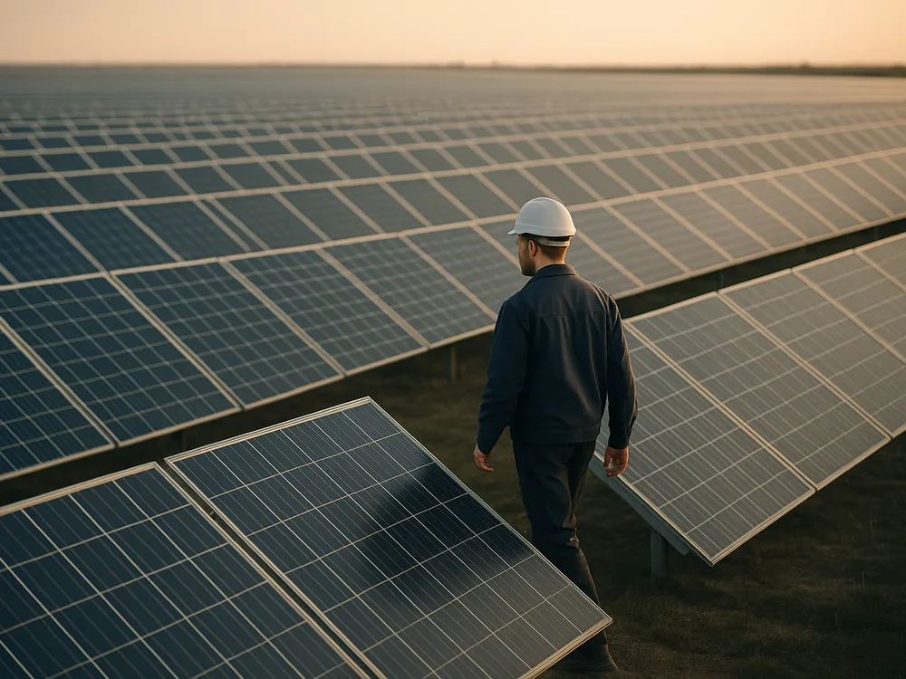 Techniker inspiziert bei goldenem Abendlicht die Modulreihen eines großen Solarparks