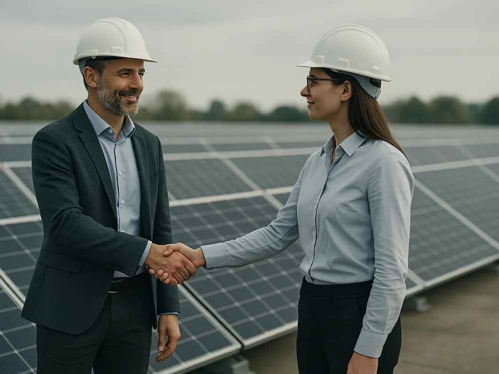 Zwei Fachleute geben sich auf einer fertiggestellten gewerblichen Solaranlage die Hand