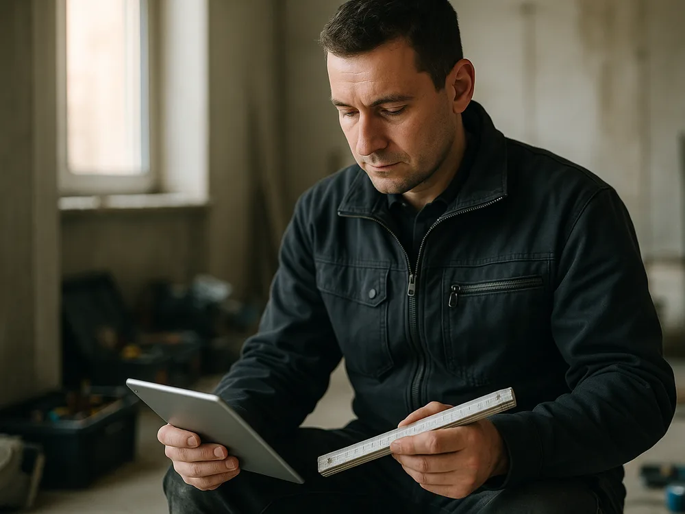 Handwerker erstellt ein Angebot am Tablet auf der Baustelle