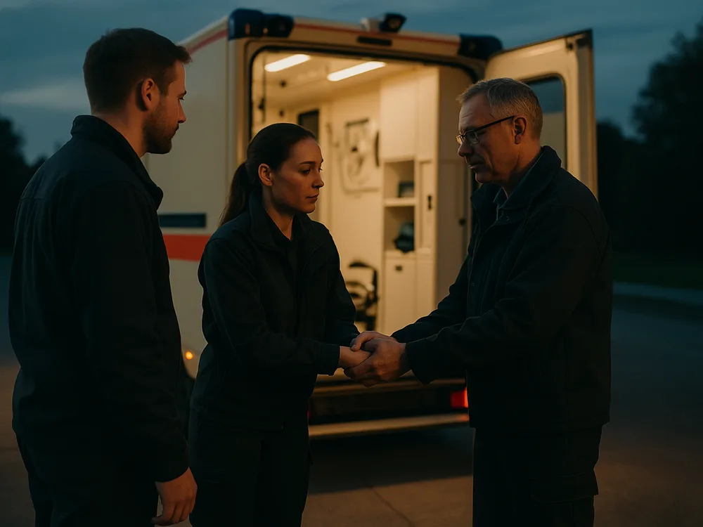 Ein Assistance-Team übergibt in der Abenddämmerung neben einem Rettungswagen die Versorgung