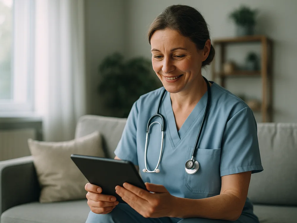Eine ambulante Pflegekraft prüft in einem hellen Wohnzimmer einen Pflegeplan auf dem Tablet