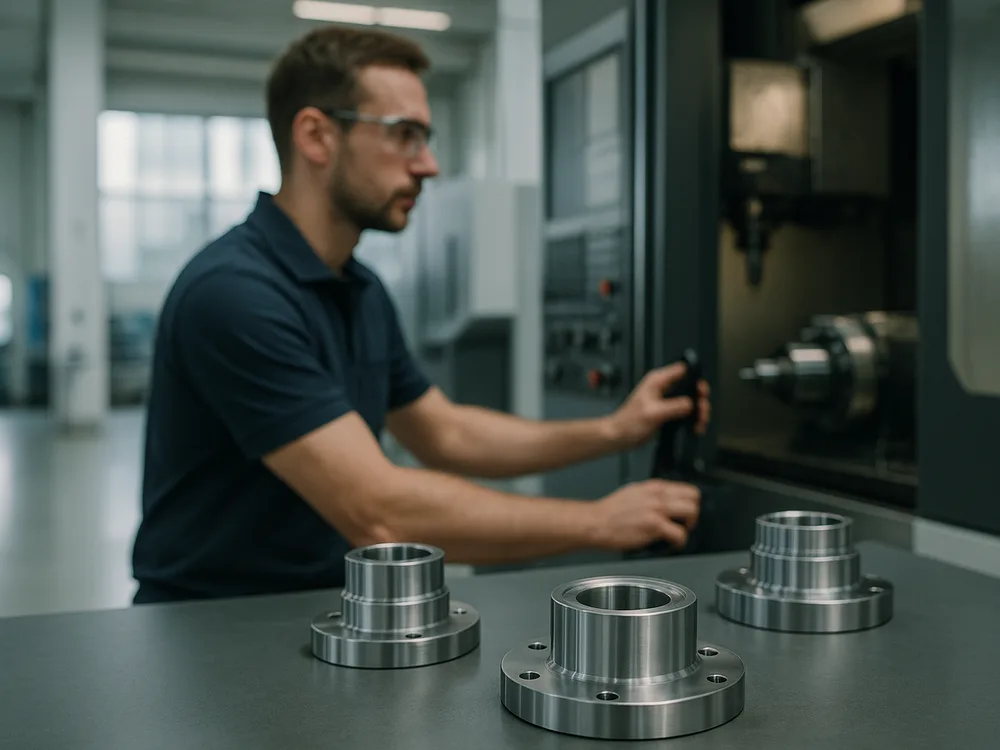 Mitarbeiter mit Schutzbrille bedient eine CNC-Maschine mit Präzisionsteilen