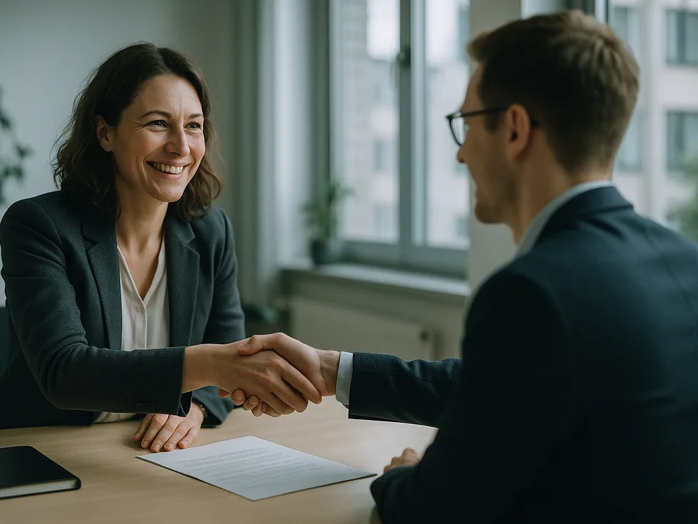 Recruiter begrüßt eine neue Mitarbeiterin herzlich per Handschlag in einem hellen Büro