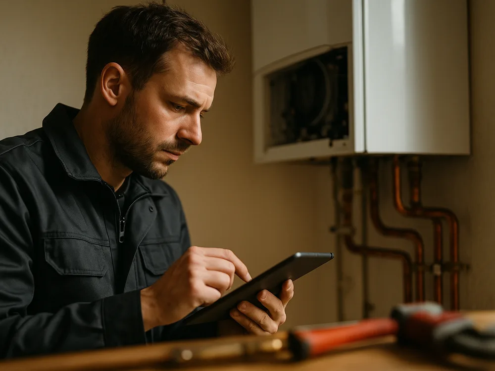 SHK-Monteur prüft eine Heizungsanlage und dokumentiert am Tablet