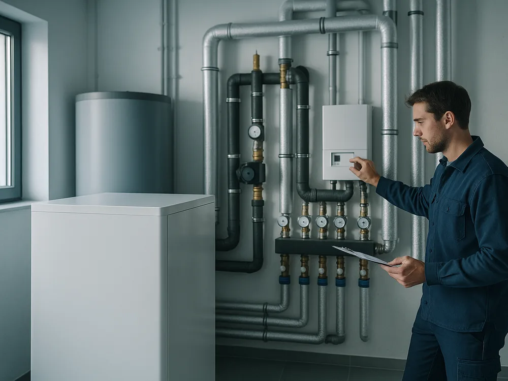 Wärmepumpe und Heiztechnik in einem modernen Technikraum