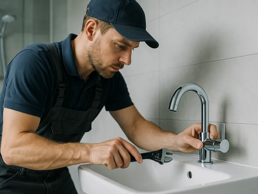 SHK-Handwerker installiert Sanitärtechnik in einem modernen Bad