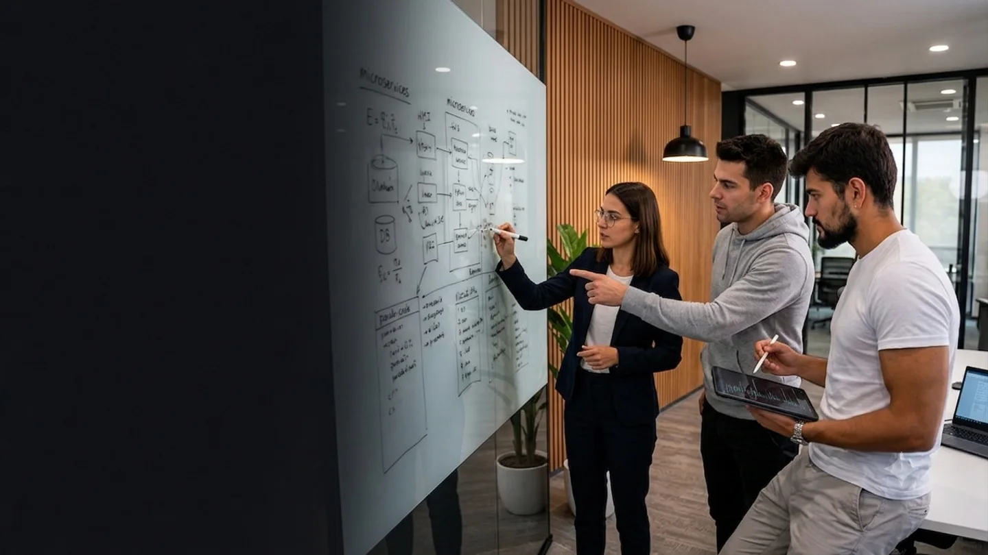 Das FXW-Team bei der gemeinsamen Prozessanalyse am Whiteboard