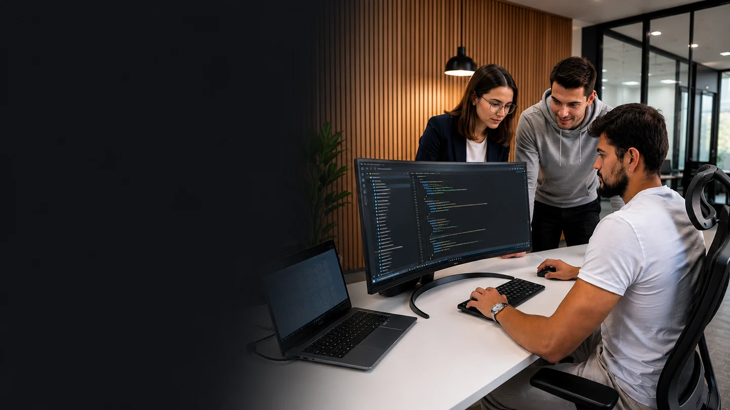 Das FXW-Team arbeitet gemeinsam an einem System im modernen Büro